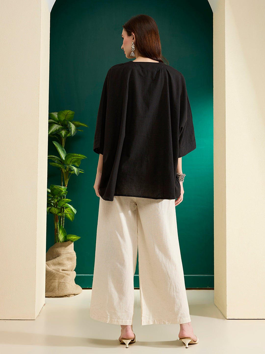 Solid Kaftan Kurta with Abstract Patchwork Palazzo - Black