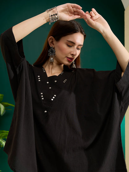 Solid Kaftan Kurta with Abstract Patchwork Palazzo - Black