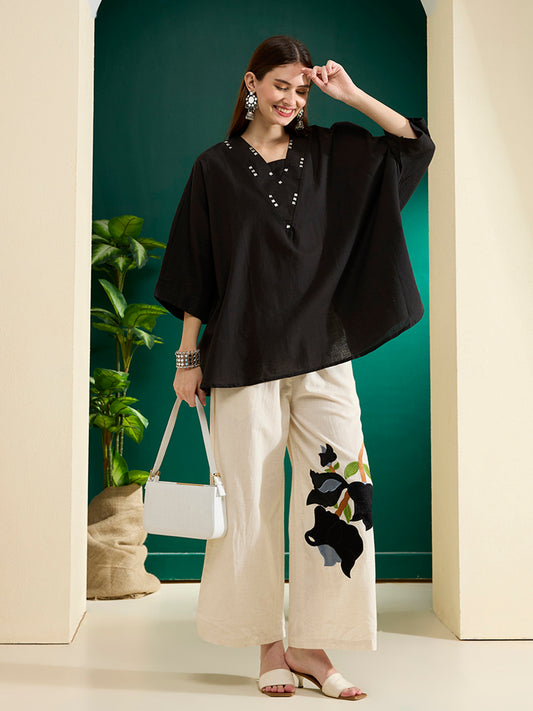 Solid Kaftan Kurta with Abstract Patchwork Palazzo - Black