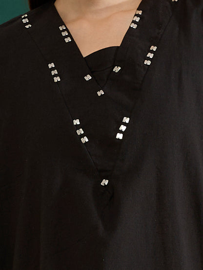 Solid Kaftan Kurta with Abstract Patchwork Palazzo - Black