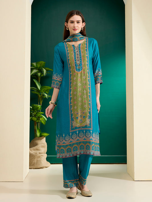 Ethnic Printed & Embroidered Straight Kurta with Pant & Dupatta - Turquoise