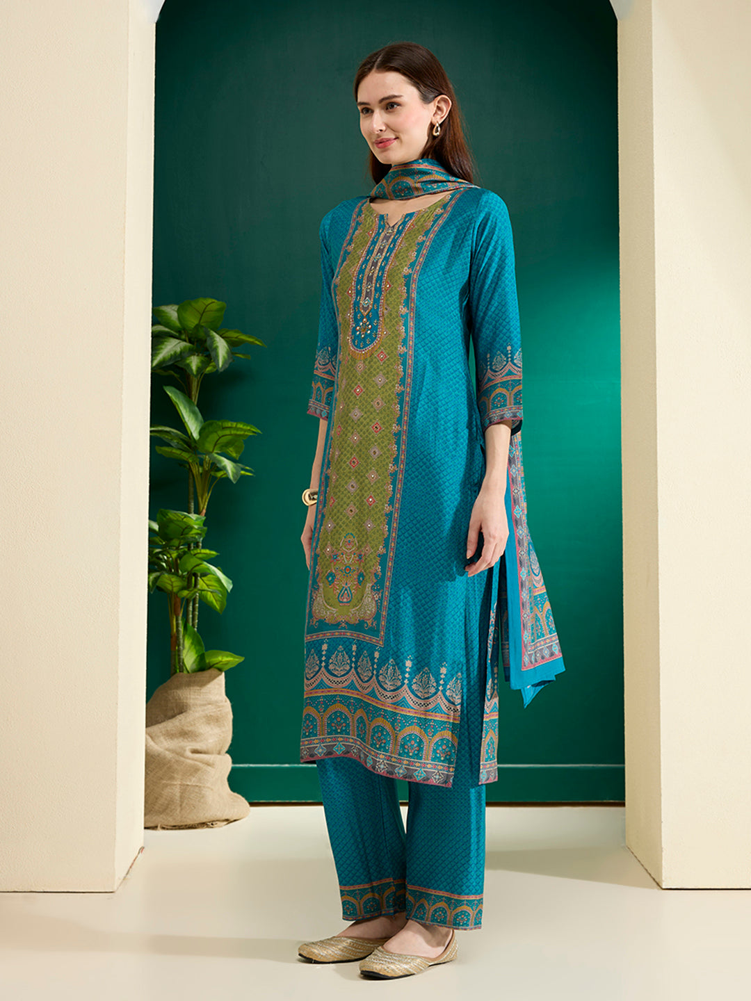 Ethnic Printed & Embroidered Straight Kurta with Pant & Dupatta - Turquoise
