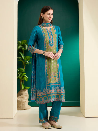 Ethnic Printed & Embroidered Straight Kurta with Pant & Dupatta - Turquoise
