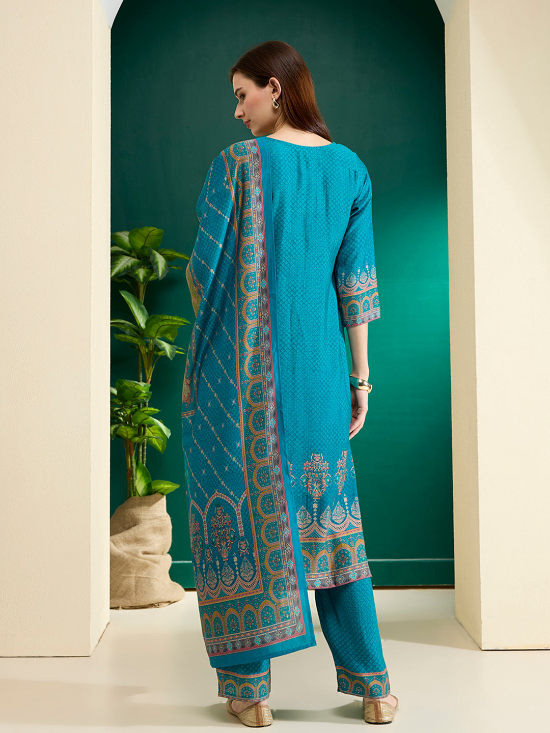 Ethnic Printed & Embroidered Straight Kurta with Pant & Dupatta - Turquoise