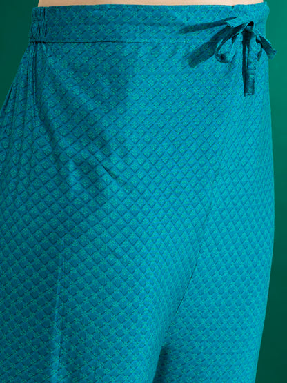 Ethnic Printed & Embroidered Straight Kurta with Pant & Dupatta - Turquoise