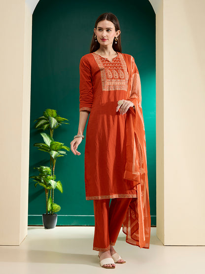 Solid Printed & Embroidered & Straight Fit Cotton Kurta with Pant & Dupatta - Rust