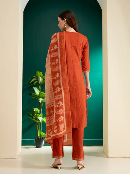 Solid Printed & Embroidered & Straight Fit Cotton Kurta with Pant & Dupatta - Rust