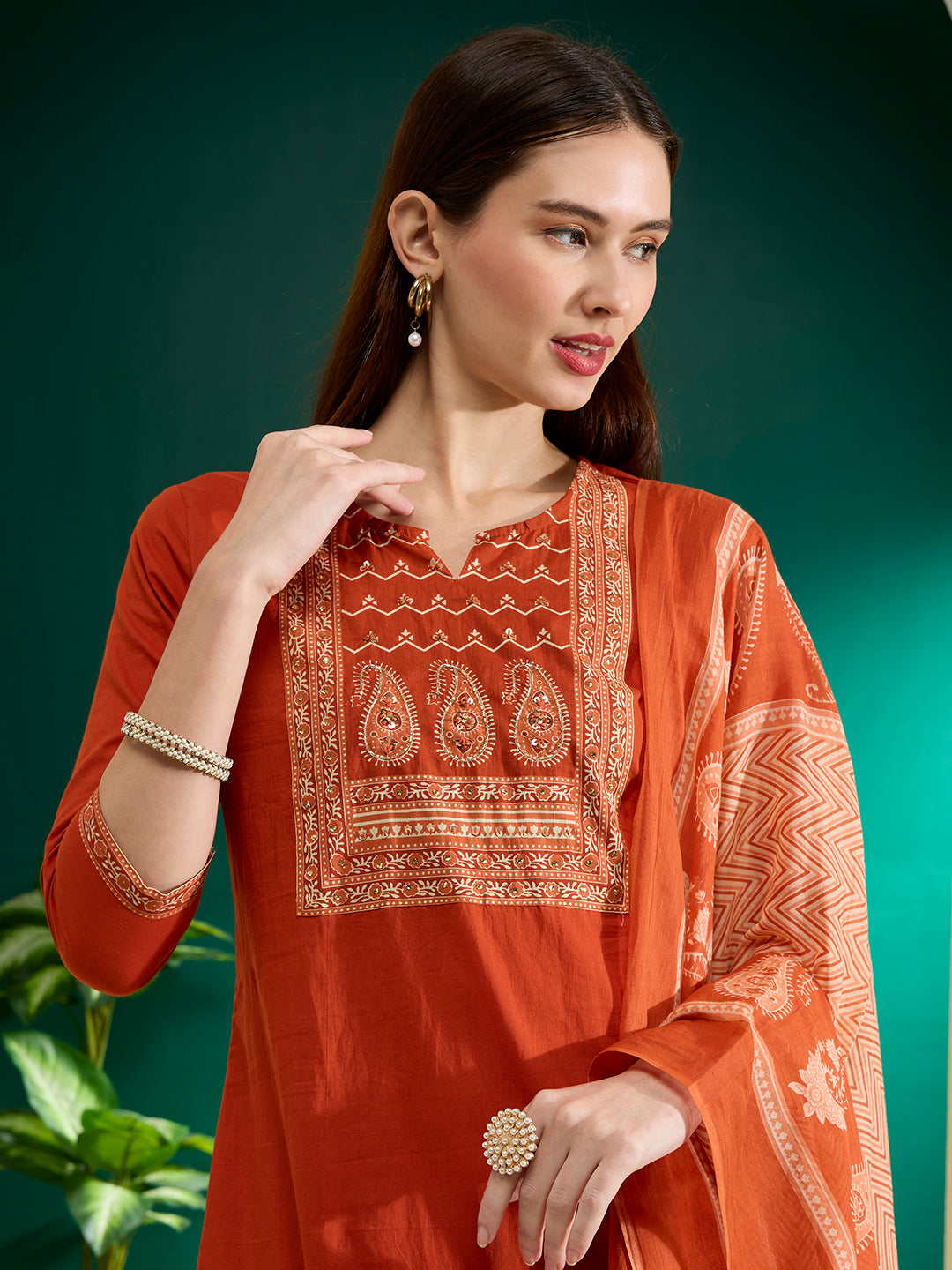 Solid Printed & Embroidered & Straight Fit Cotton Kurta with Pant & Dupatta - Rust