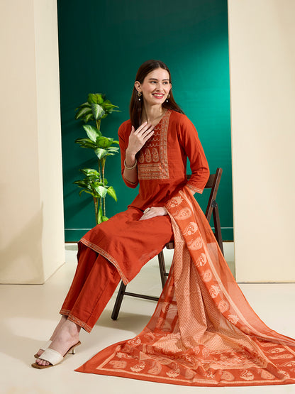 Solid Printed & Embroidered & Straight Fit Cotton Kurta with Pant & Dupatta - Rust