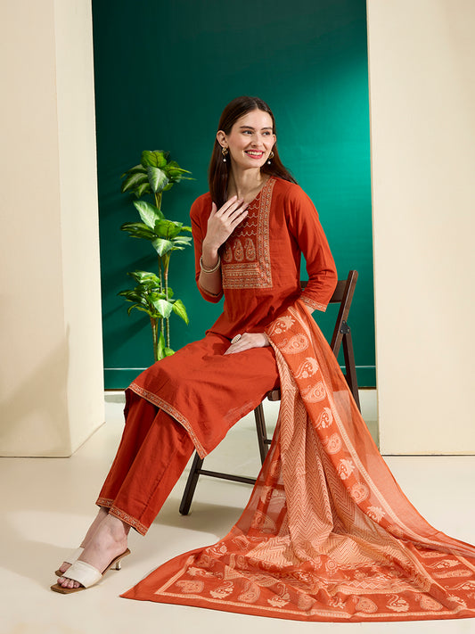 Solid Printed & Embroidered & Straight Fit Cotton Kurta with Pant & Dupatta - Rust