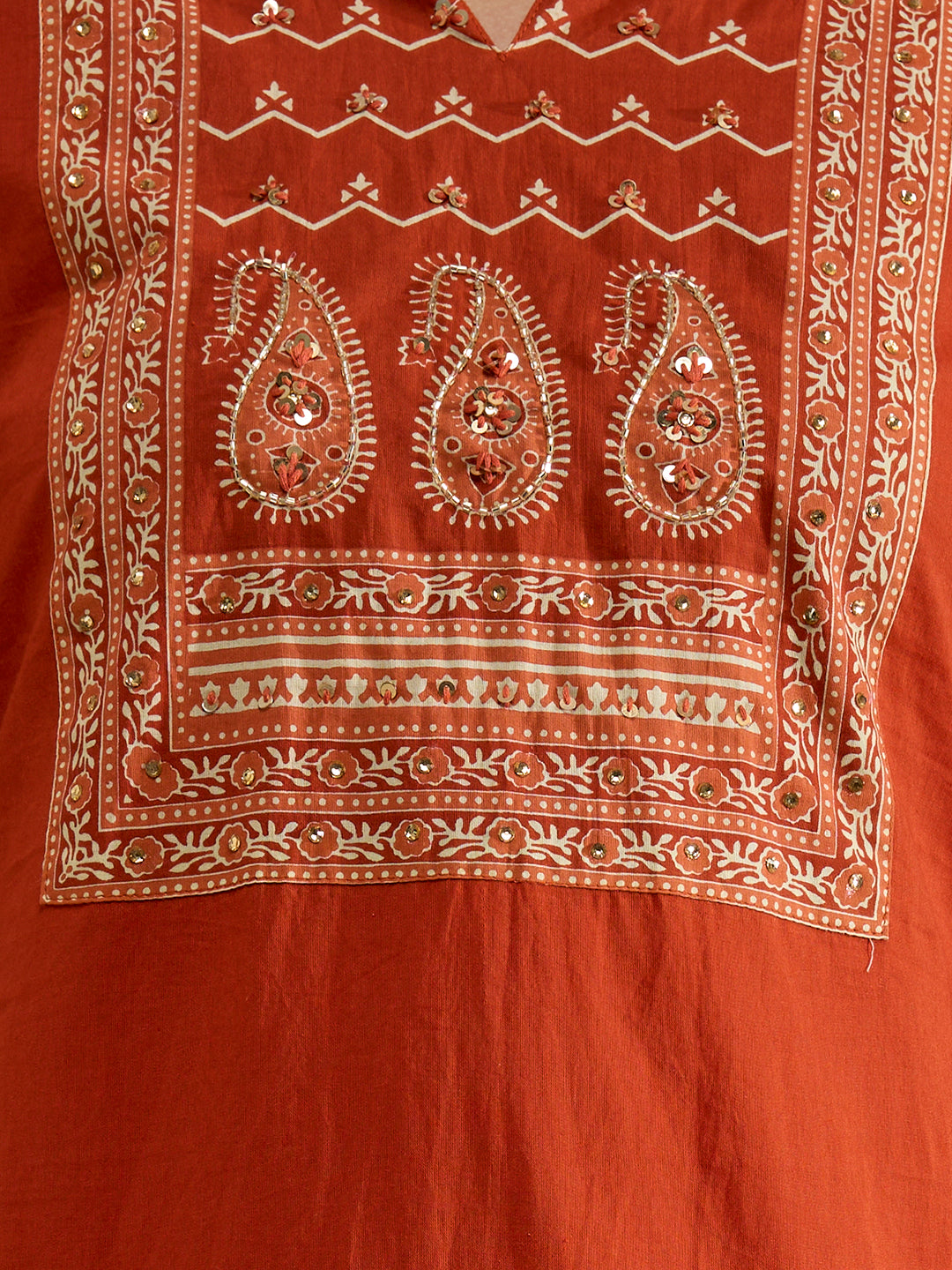Solid Printed & Embroidered & Straight Fit Cotton Kurta with Pant & Dupatta - Rust