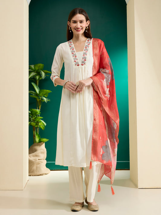Solid Floral Embroidered A-Line Kurta with Palazzo & Dupatta - White