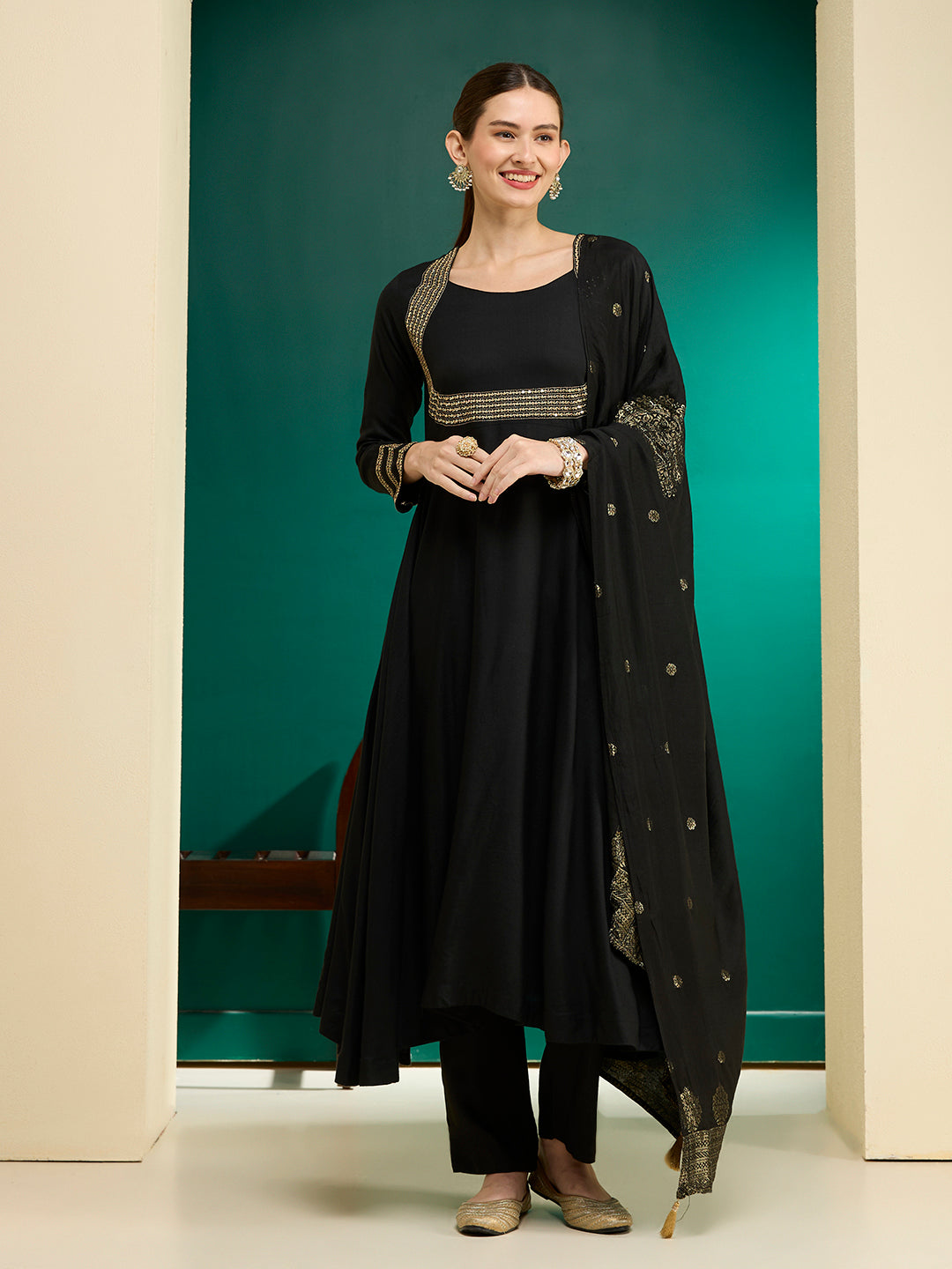 Solid Embroidered Anarkali Flared Kurta with Pant & Dupatta - Black