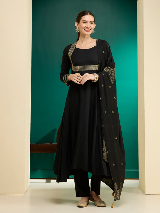 Solid Embroidered Anarkali Flared Kurta with Pant & Dupatta - Black