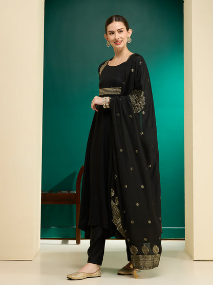 Solid Embroidered Anarkali Flared Kurta with Pant & Dupatta - Black