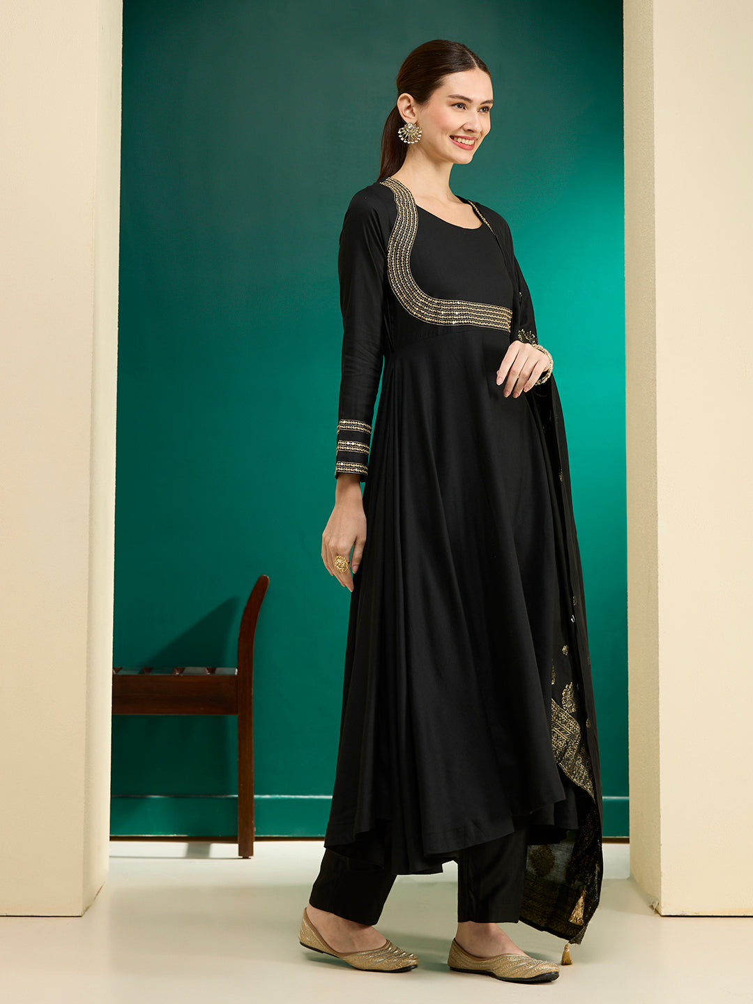 Solid Embroidered Anarkali Flared Kurta with Pant & Dupatta - Black