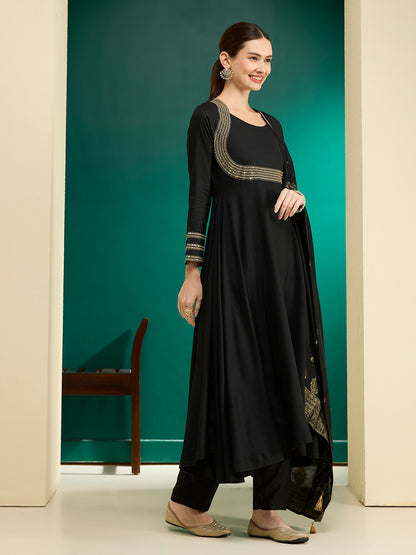 Solid Embroidered Anarkali Flared Kurta with Pant & Dupatta - Black