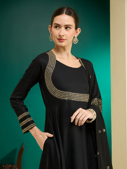 Solid Embroidered Anarkali Flared Kurta with Pant & Dupatta - Black