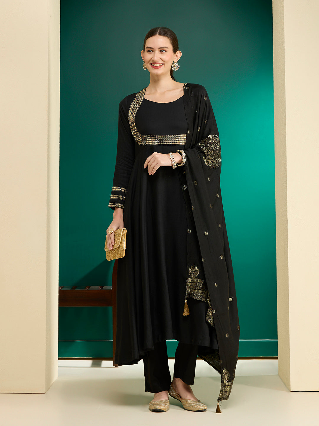 Solid Embroidered Anarkali Flared Kurta with Pant & Dupatta - Black