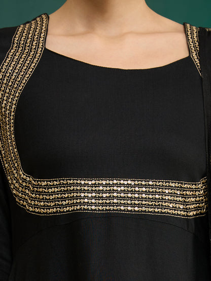 Solid Embroidered Anarkali Flared Kurta with Pant & Dupatta - Black