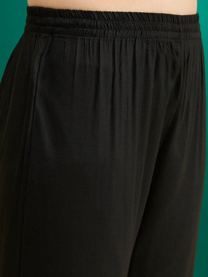 Solid Embroidered Anarkali Flared Kurta with Pant & Dupatta - Black