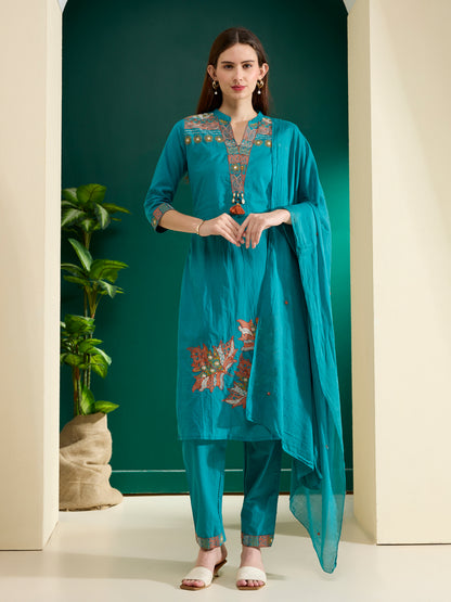 Solid Floral Embroidered Straight Kurta with Pant & Dupatta - Turquoise Blue