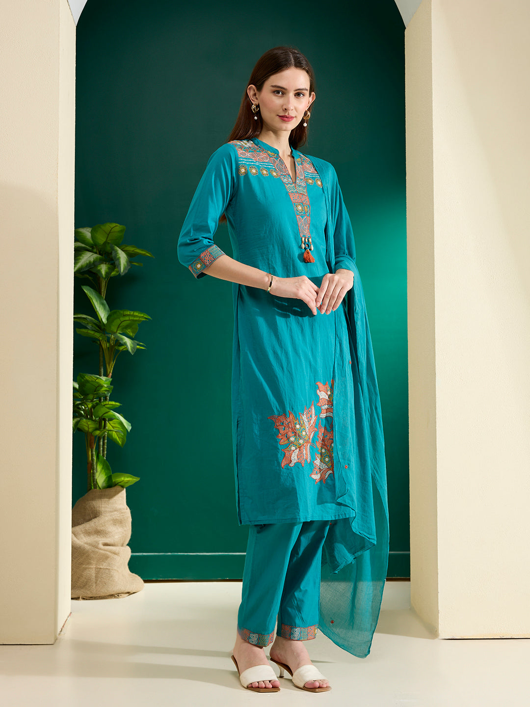 Solid Floral Embroidered Straight Kurta with Pant & Dupatta - Turquoise Blue