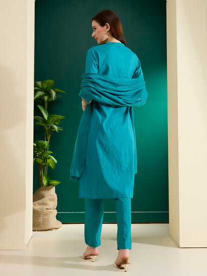 Solid Floral Embroidered Straight Kurta with Pant & Dupatta - Turquoise Blue