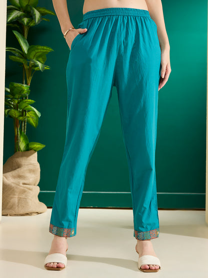 Solid Floral Embroidered Straight Kurta with Pant & Dupatta - Turquoise Blue