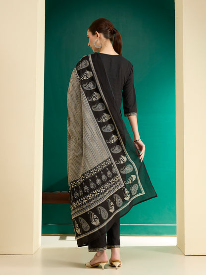 Solid Printed & Embroidered &Straight Fit Cotton Kurta with Pant & Dupatta - Black