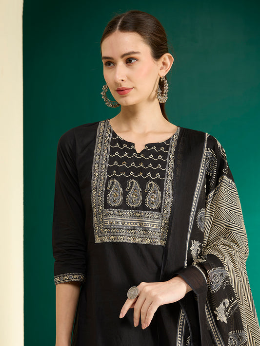 Solid Printed & Embroidered &Straight Fit Cotton Kurta with Pant & Dupatta - Black