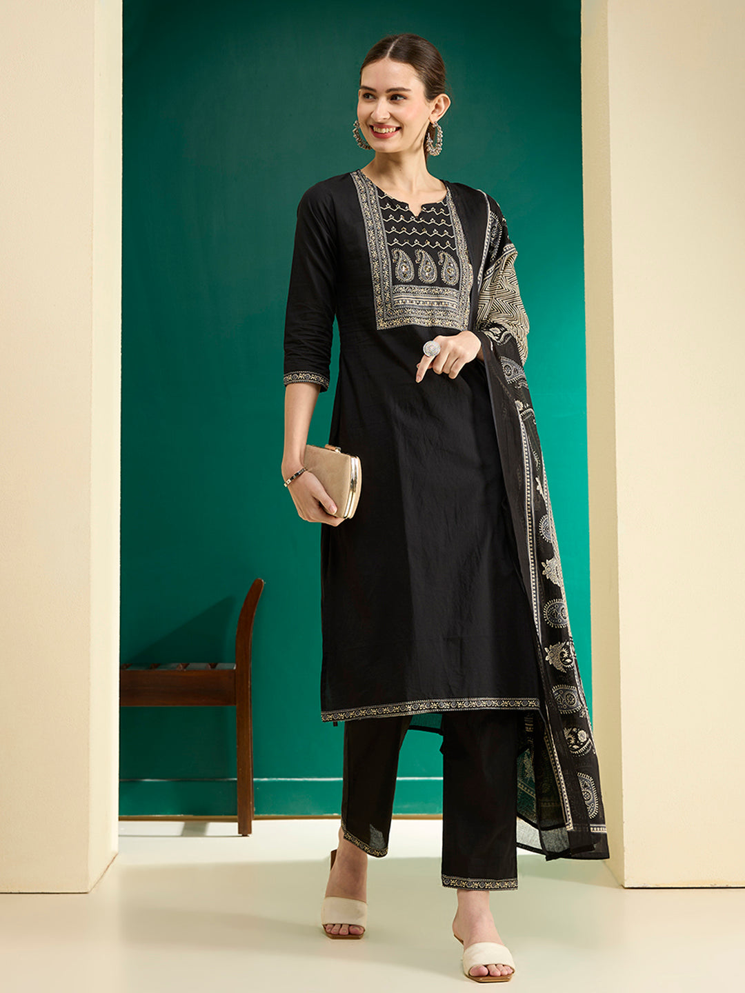 Solid Printed & Embroidered &Straight Fit Cotton Kurta with Pant & Dupatta - Black