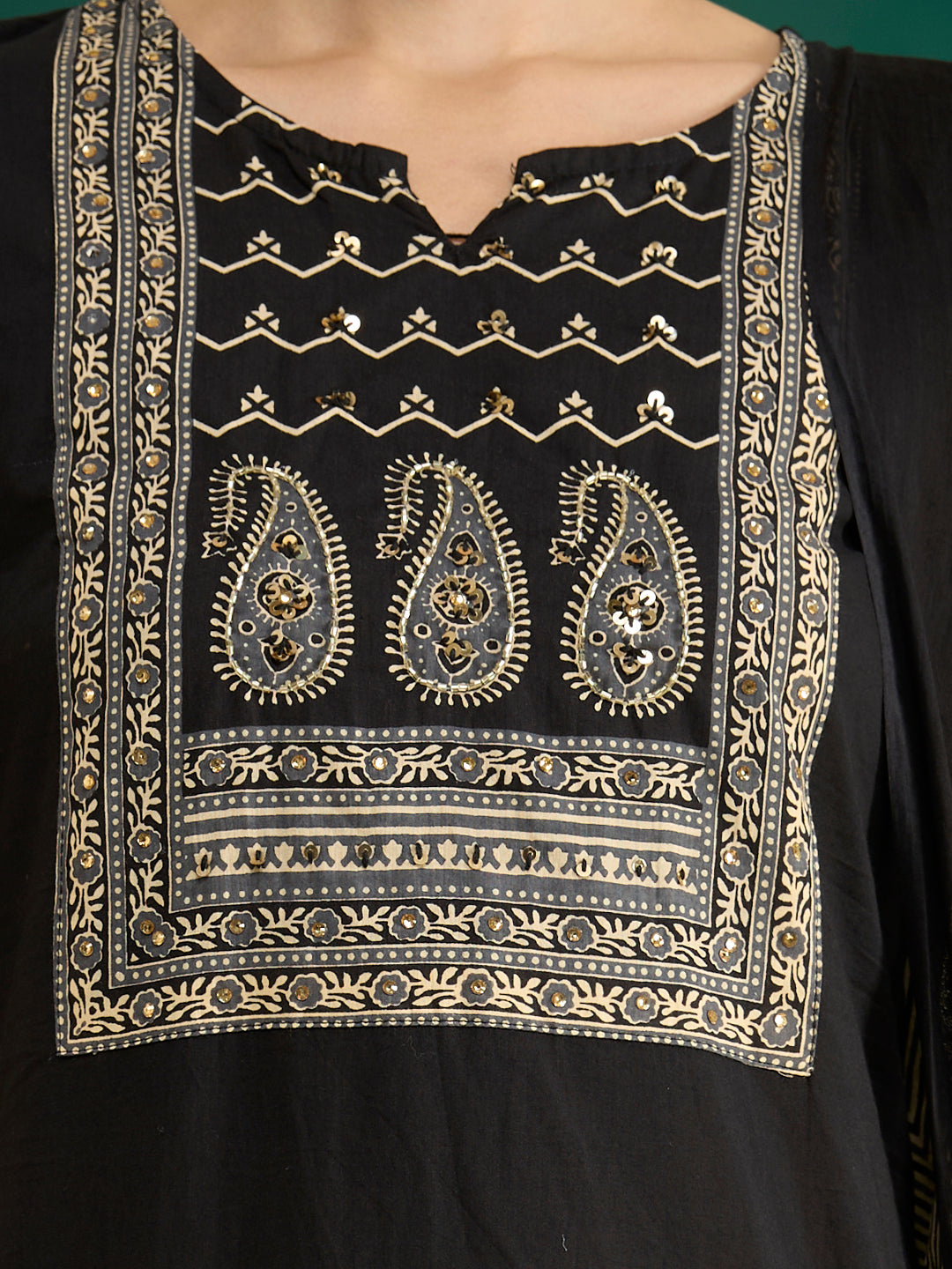 Solid Printed & Embroidered &Straight Fit Cotton Kurta with Pant & Dupatta - Black
