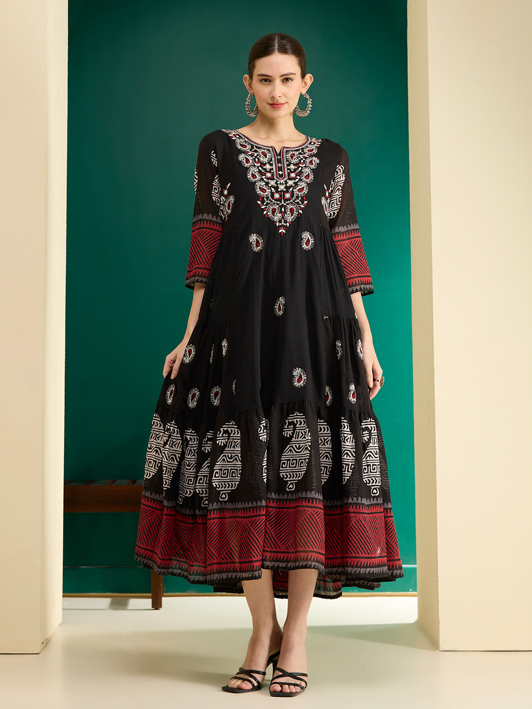 Ethnic Printed & Embroidered A-Line Plated Maxi Dress - Black