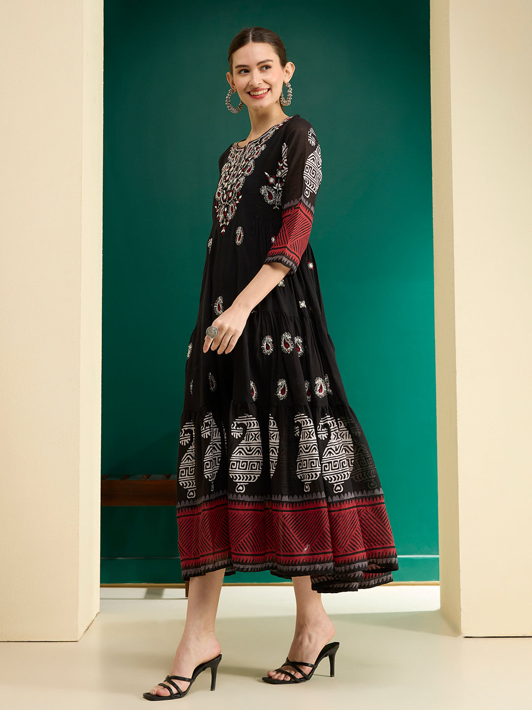 Ethnic Printed & Embroidered A-Line Plated Maxi Dress - Black
