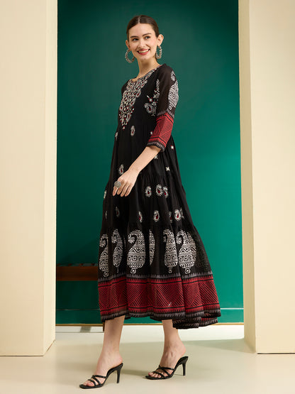 Ethnic Printed & Embroidered A-Line Plated Maxi Dress - Black