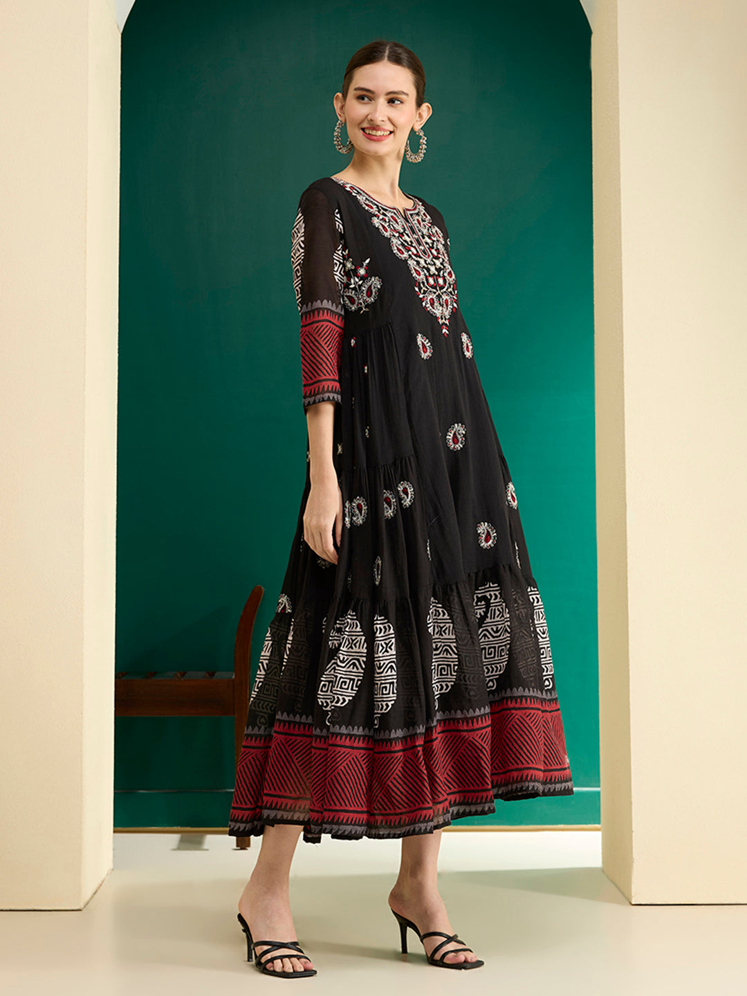 Ethnic Printed & Embroidered A-Line Plated Maxi Dress - Black