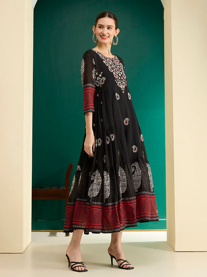 Ethnic Printed & Embroidered A-Line Plated Maxi Dress - Black