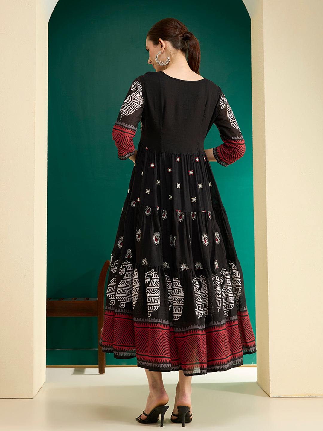 Ethnic Printed & Embroidered A-Line Plated Maxi Dress - Black