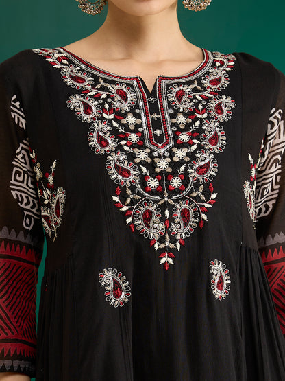 Ethnic Printed & Embroidered A-Line Plated Maxi Dress - Black