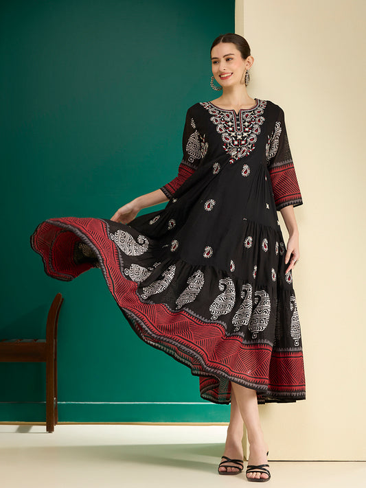 Ethnic Printed & Embroidered A-Line Plated Maxi Dress - Black