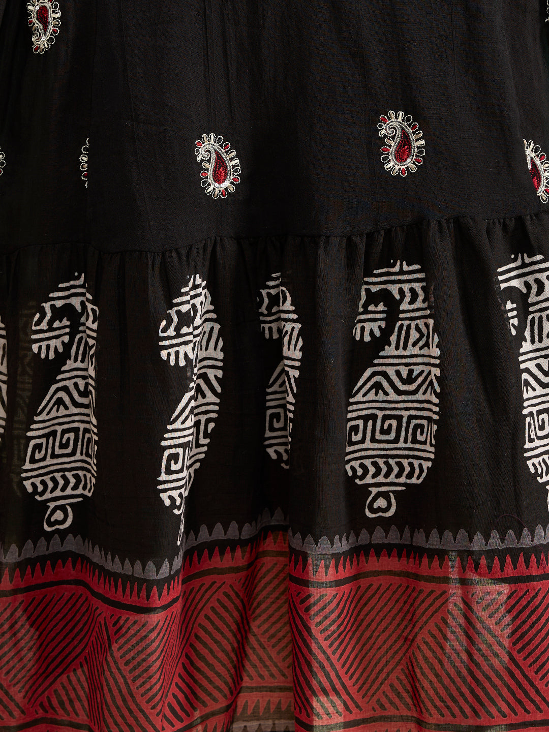 Ethnic Printed & Embroidered A-Line Plated Maxi Dress - Black