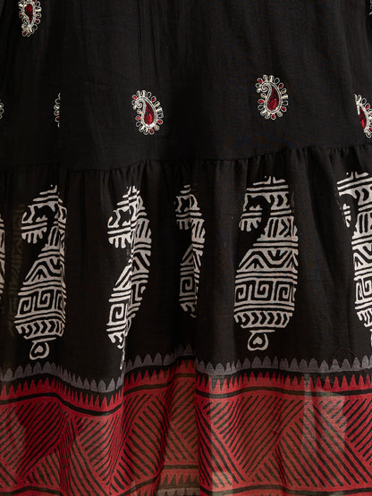 Ethnic Printed & Embroidered A-Line Plated Maxi Dress - Black