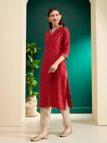 Ethnic Bandhani Foil Printed & Embroidered Straight Fit Kurta - Red
