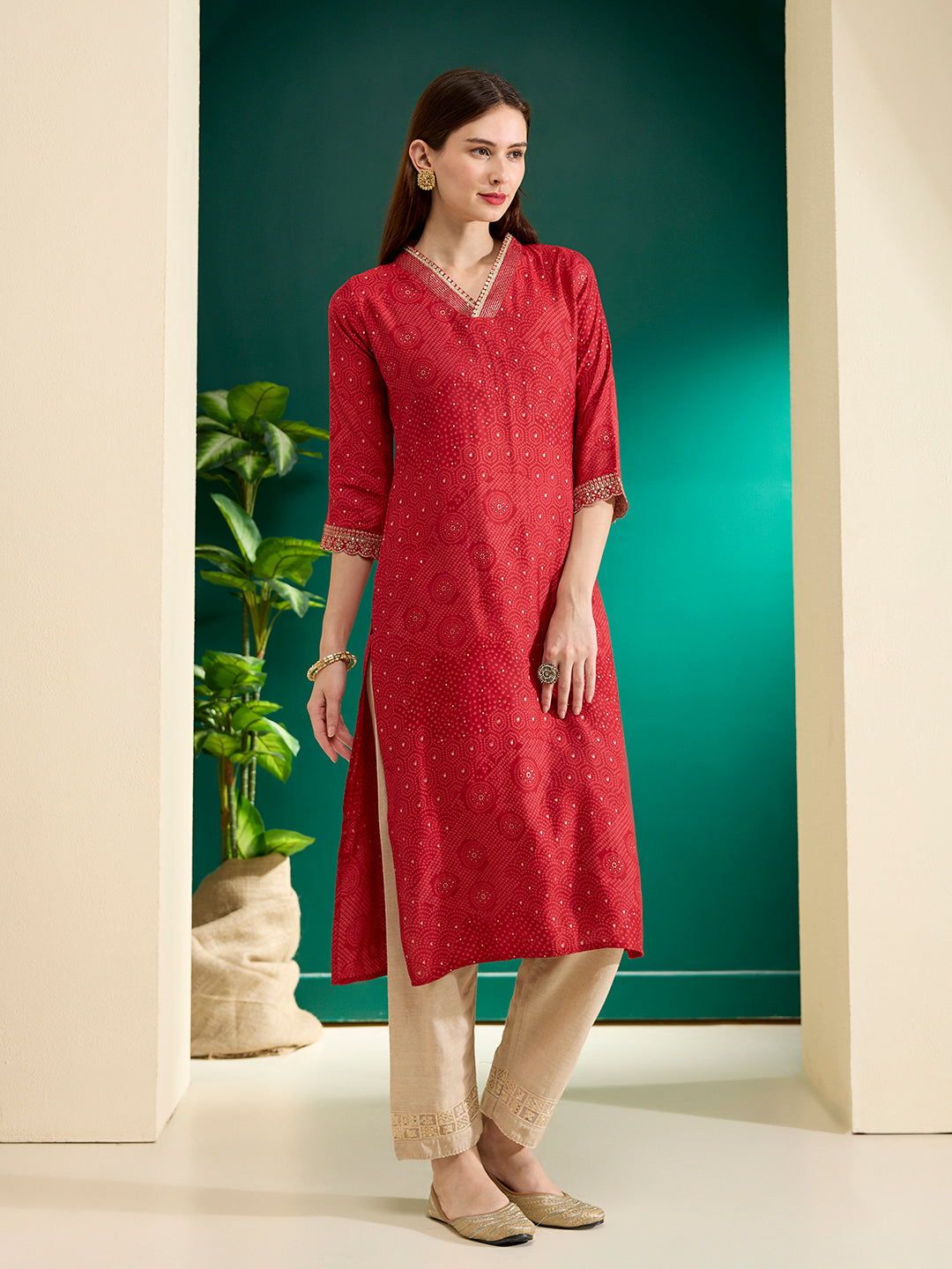 Ethnic Bandhani Foil Printed & Embroidered Straight Fit Kurta - Red