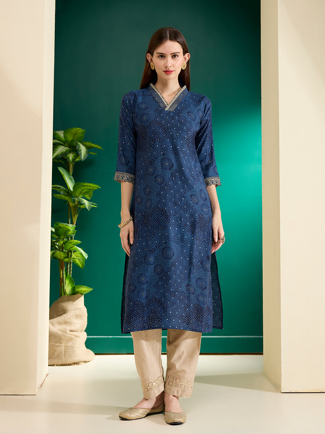 Ethnic Bandhani Foil Printed & Embroidered Straight Fit Kurta - Blue