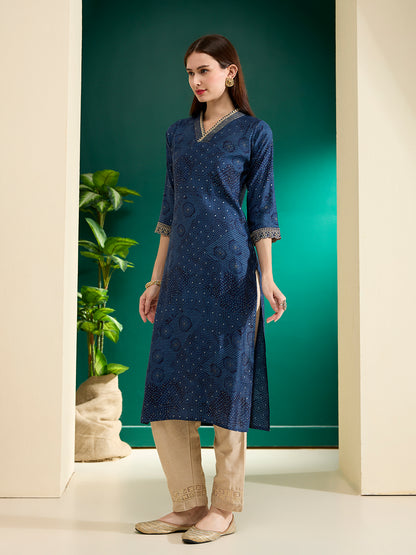 Ethnic Bandhani Foil Printed & Embroidered Straight Fit Kurta - Blue