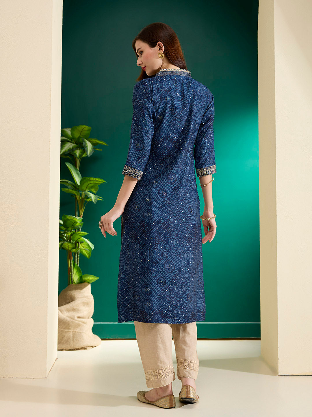 Ethnic Bandhani Foil Printed & Embroidered Straight Fit Kurta - Blue