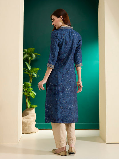 Ethnic Bandhani Foil Printed & Embroidered Straight Fit Kurta - Blue