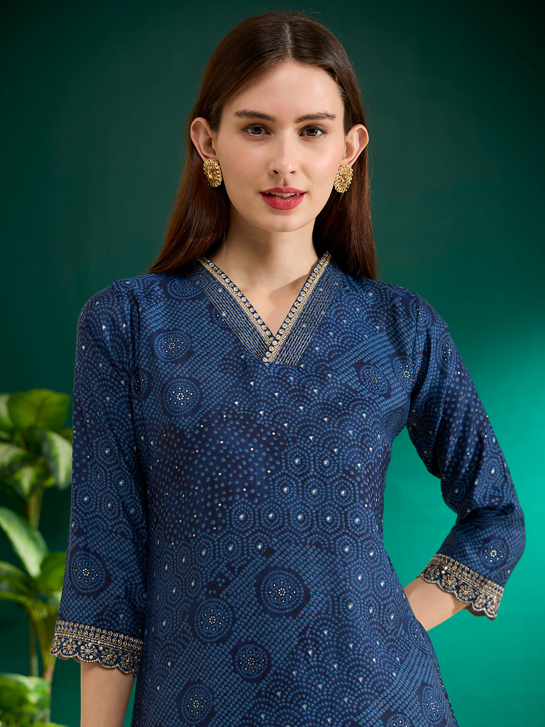Ethnic Bandhani Foil Printed & Embroidered Straight Fit Kurta - Blue